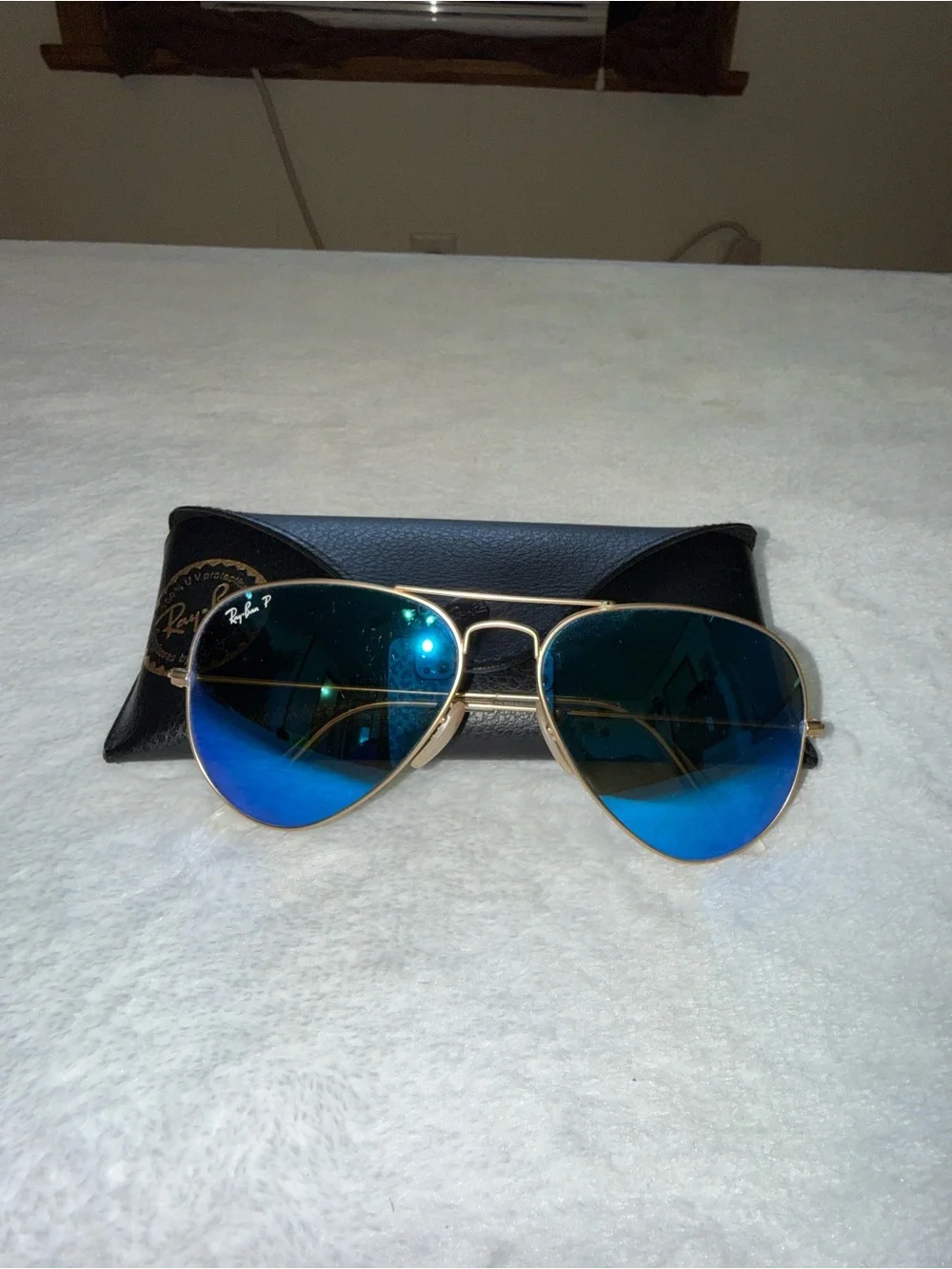 Ray-Ban Gold Frame Aviator Sunglasses with Blue Mirror Lenses